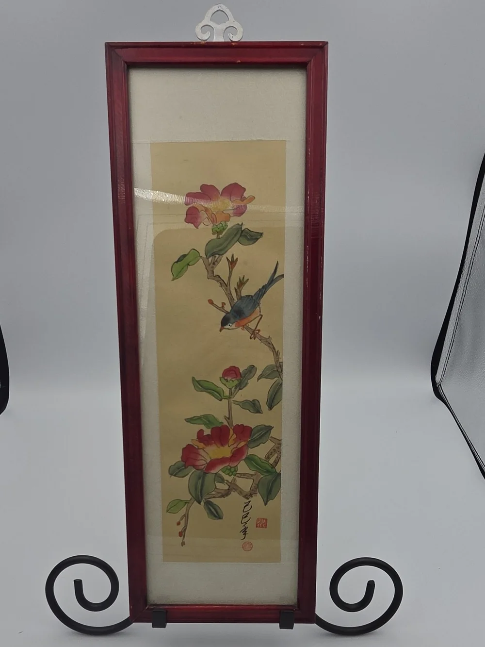 Vintage 80's Asian Pair of Red Framed Silk Botanical & Bird Wall Art Prints